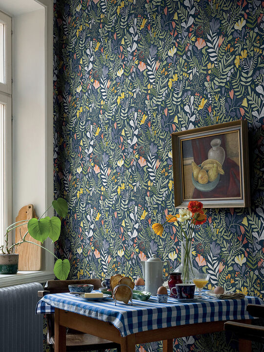 Brittsommar Navy Blue Woodland Floral Wallpaper
