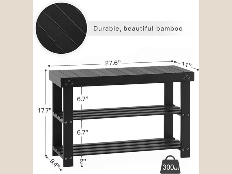 Entryway Bamboo Shoe Storage Bench 3 Tier Space Saving Black image number 2
