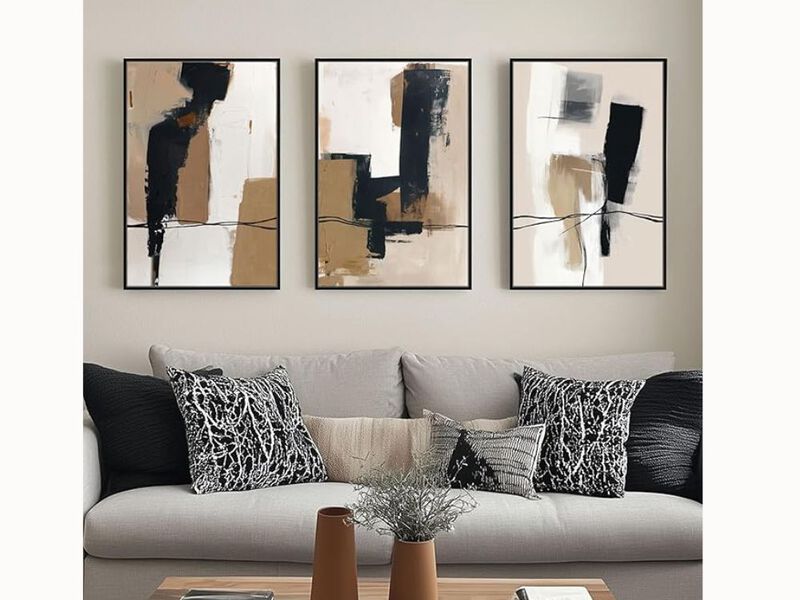 3-Piece Tan & Black Abstract Canvas Wall Art – Mid-Century Modern Framed Prints for Living Room, Bedroom & Office, 16×24