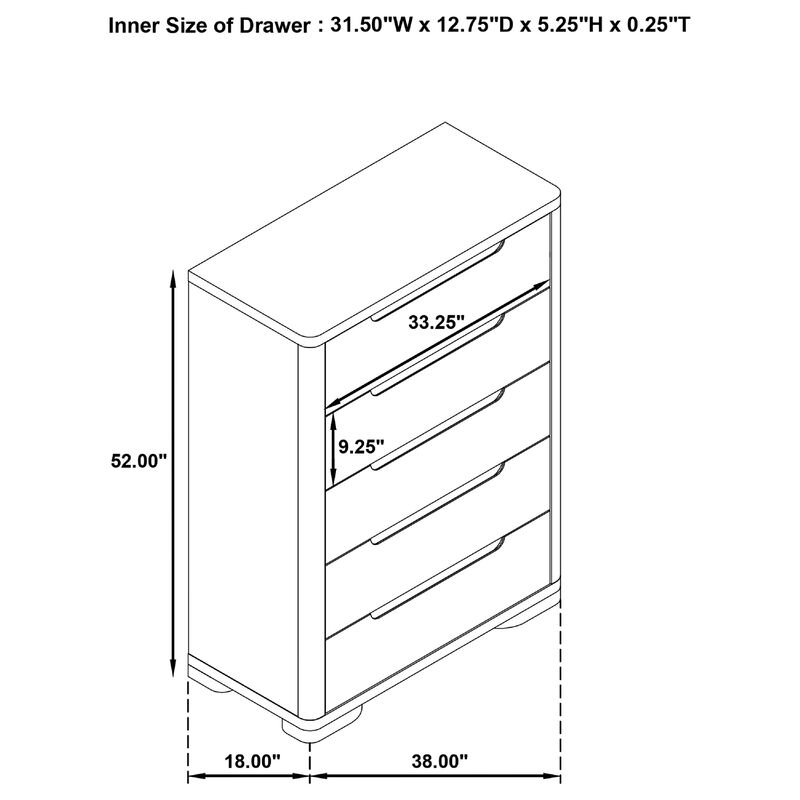Saina Tall Dresser Chest with 5 Drawers, Fingertip Handles, Brown Wood image number 7