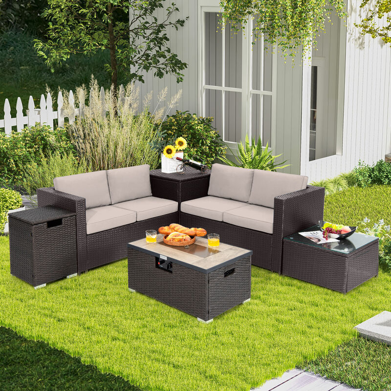 6 Pieces Outdoor Wicker Furniture Set with Propane Fire Pit Table