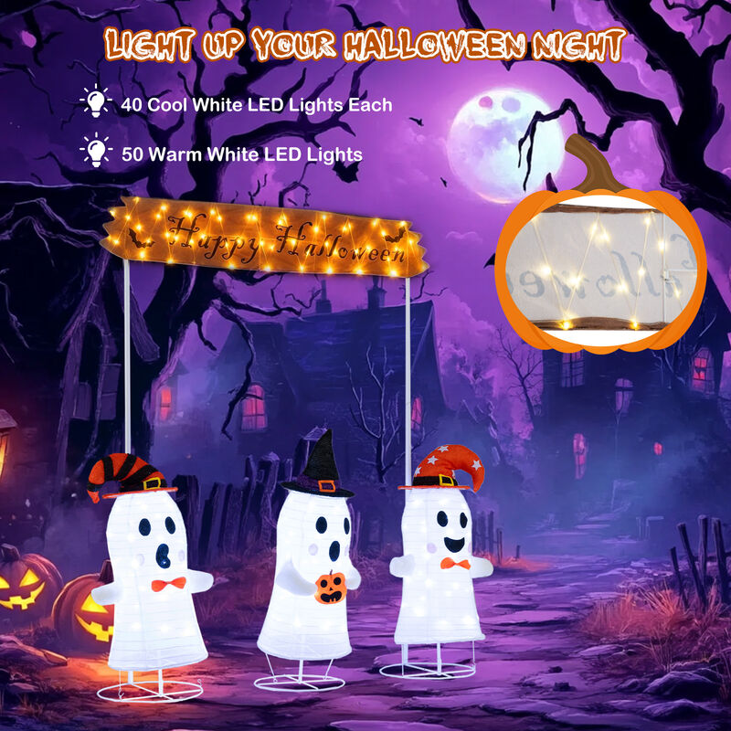 Pop- Up Ghost Halloween Decoration Set of 4 with Gate and LED Lights-White image number 6