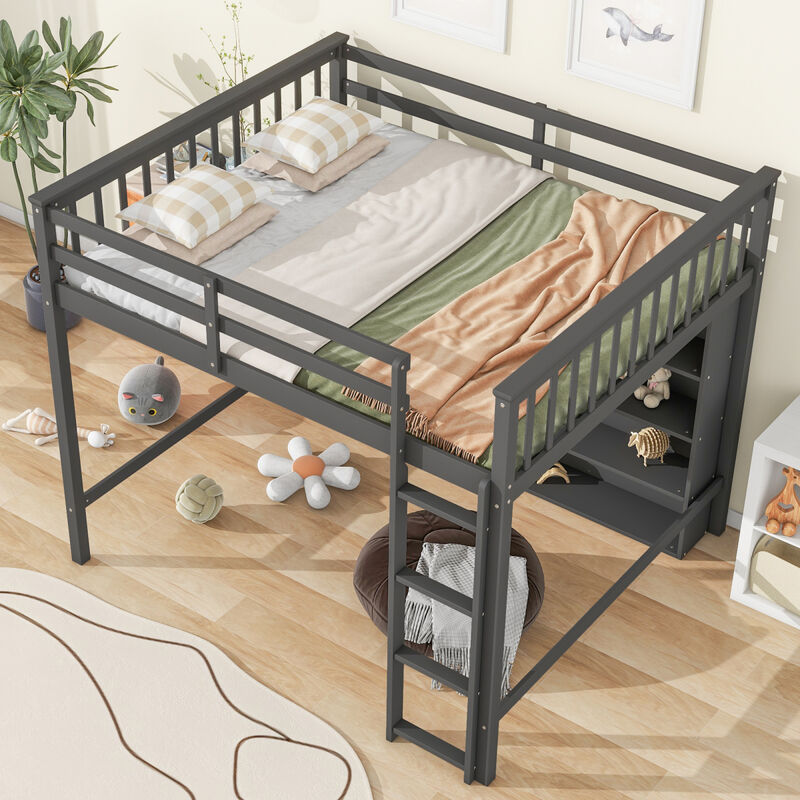 Full Size Loft Bed with 8 Open Storage Shelves and Builtin Ladder, Gray