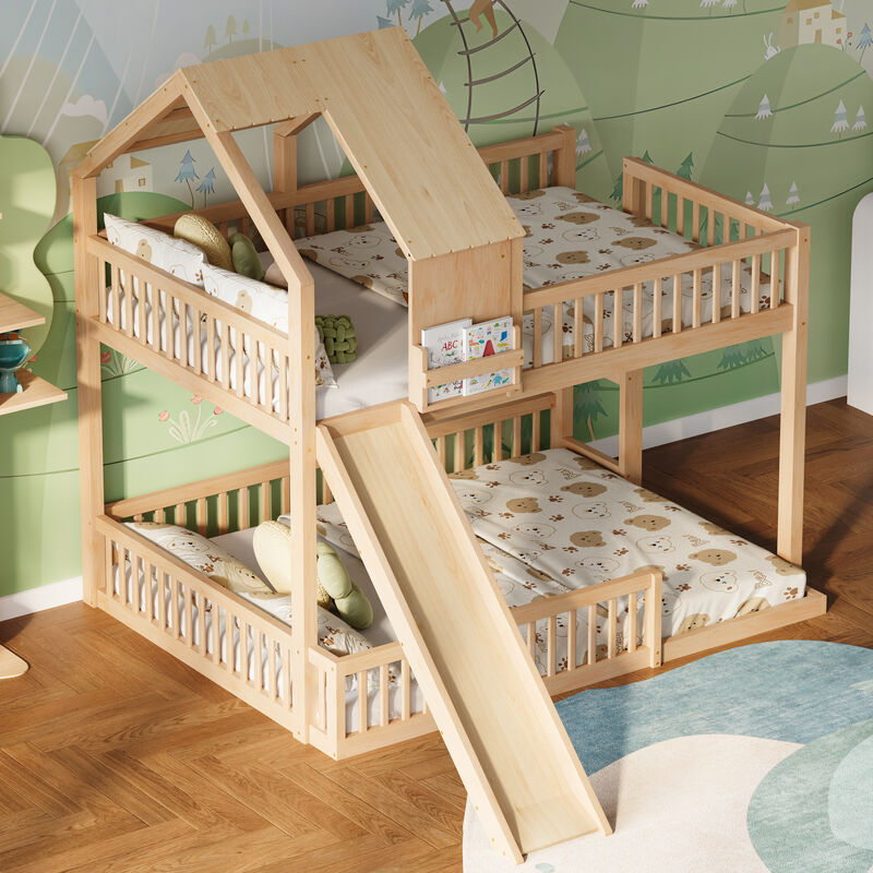 Merax Full XL over Queen House Bunk Bed with Slide, Solid Wood Frame image number 2