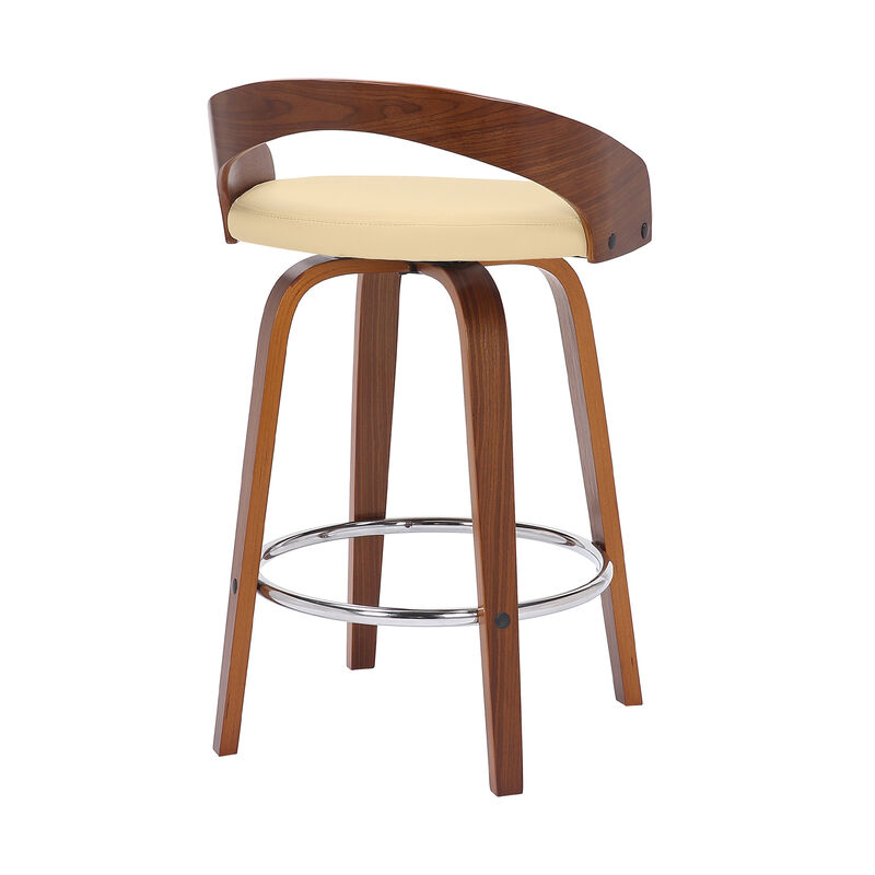 Hivvago 26 Inch Cream and Brown Faux Leather and Solid Wood Low Back Counter Height Swivel Bar Chair