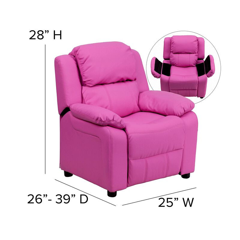 Flash Furniture Charlie Vinyl Kids Recliner with Flip-Up Storage Arms and Safety Recline, Contemporary Reclining Chair for Kids, Supports up to 90 lbs., Hot Pink