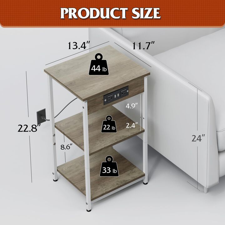 WLIVE Side Table with Charging Station and USB Ports, Small End Tables for Small Spaces, 3-Tier Nightstand with Adjustable Shelf