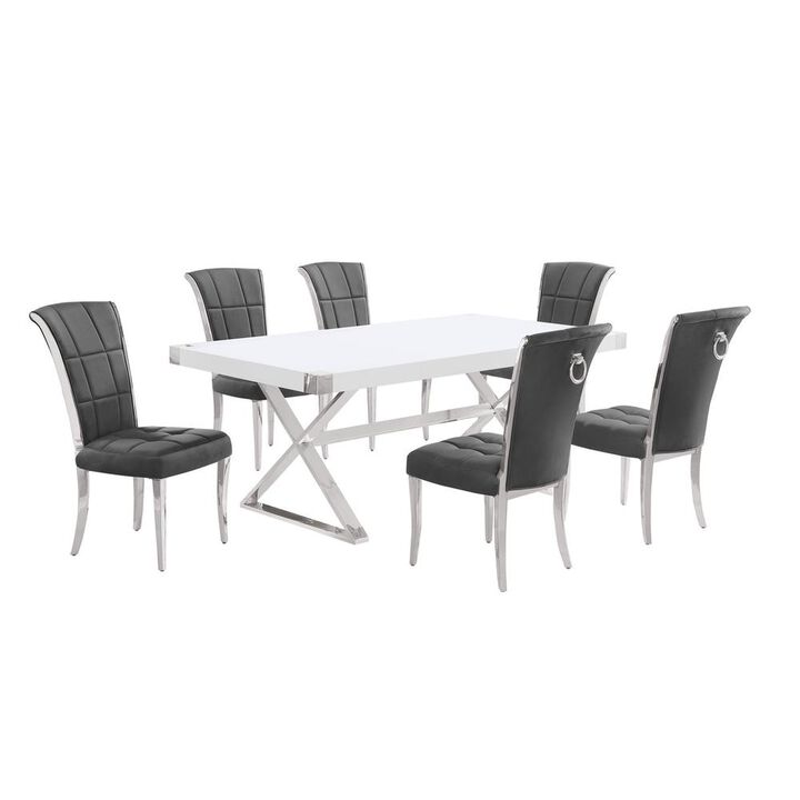 Best Quality Furniture 7pc Small(78) white wood top dining set with silver base and 6 chairs
