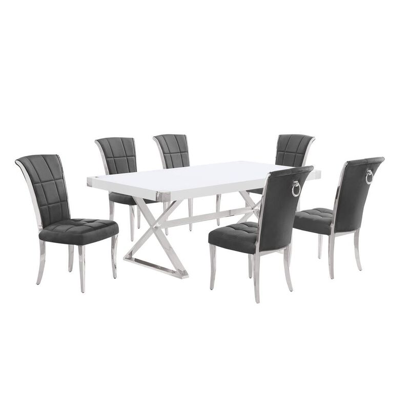 Best Quality Furniture 7pc Small(78) white wood top dining set with silver base and 6 chairs image number 0