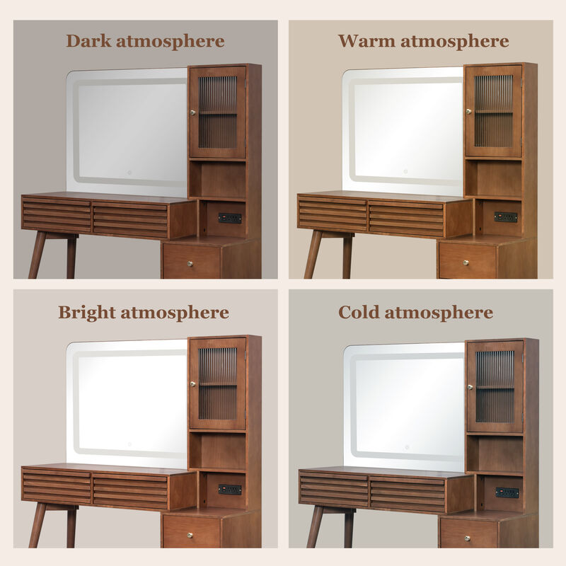 Merax 5-Drawer LED Vanity Table with Fluted Glass Cabinet, 3-Color Lighting, Charging Station image number 4