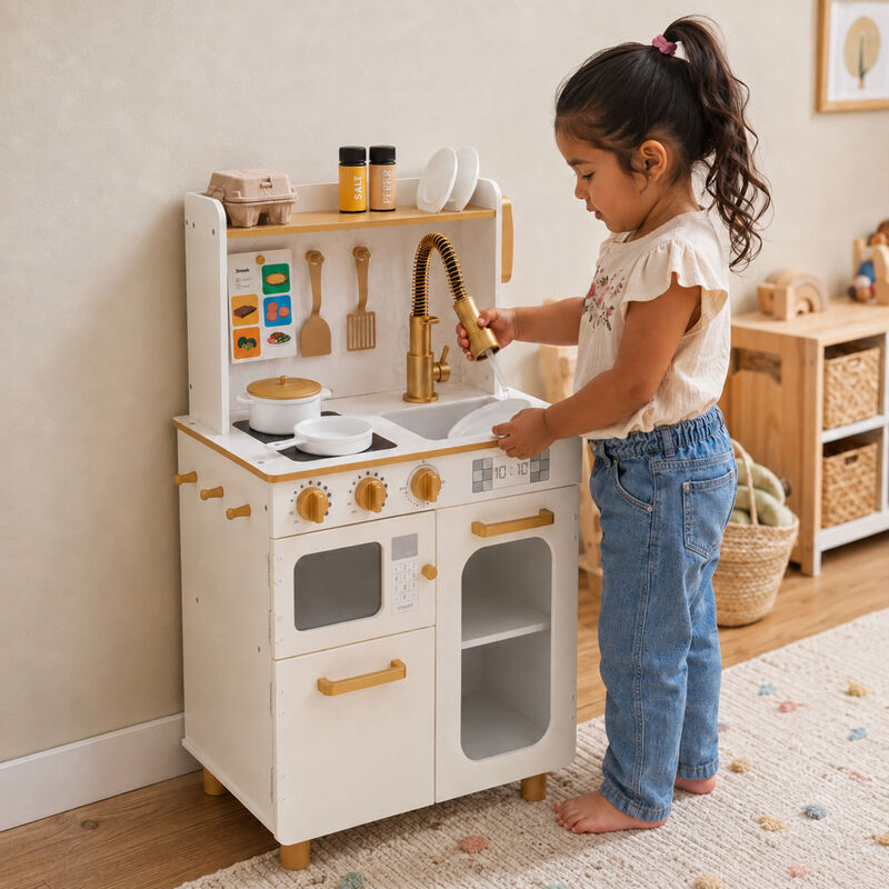 Teamson Kids Wooden Play Kitchen Set with 16 Accessories, Extendable Faucet, White Gold Compact Wooden Play Kitchen, Oven, Sink and Storage Little Chef Memphis image number 4