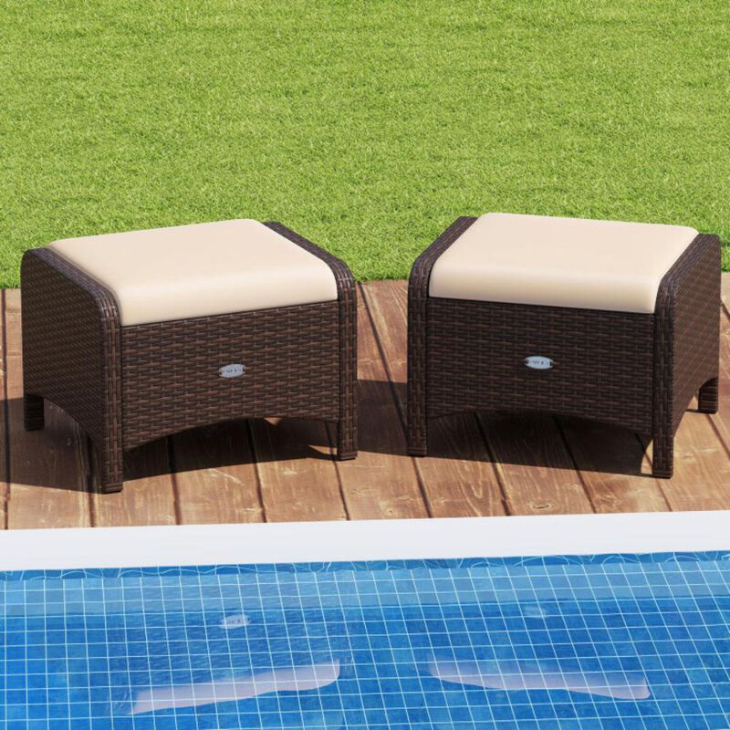 Hivvago 2 Pieces Outdoor Patio PE Wicker Ottomans with Removable Cushions