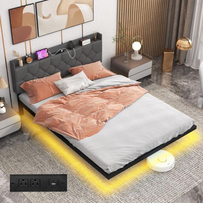 Hivvago Floating Bed Frame with LED and Headboard and Charging Station-Queen