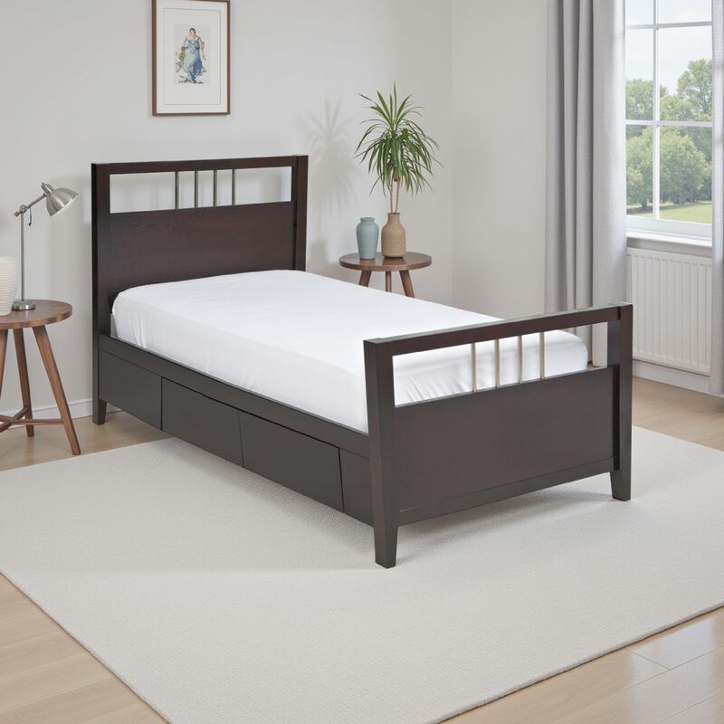 Fang Queen Size Storage Bed, Sleigh Headboard, 4 Drawers, Espresso Brown  - Benzara