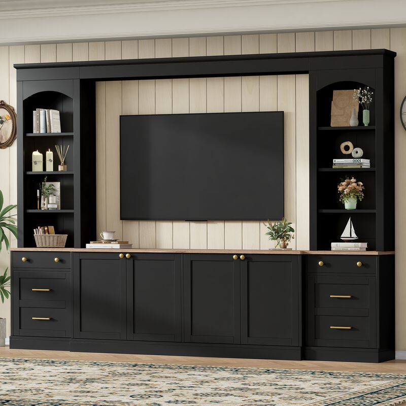 Whisen 106 Inch Farmhouse Entertainment Center with Drawers, Rustic TV Stand & Bookshelf Media Console for Living Room image number 2