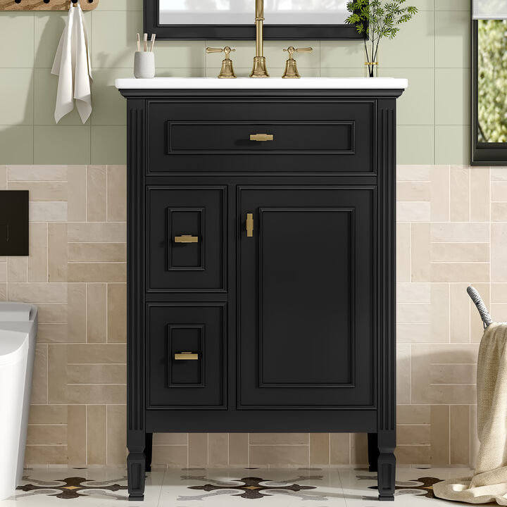 Merax Bathroom Vanity with Ceramic Sink, Cabinet, Flip Drawer & 2 Side Drawers &ndash; Solid Wood Frame