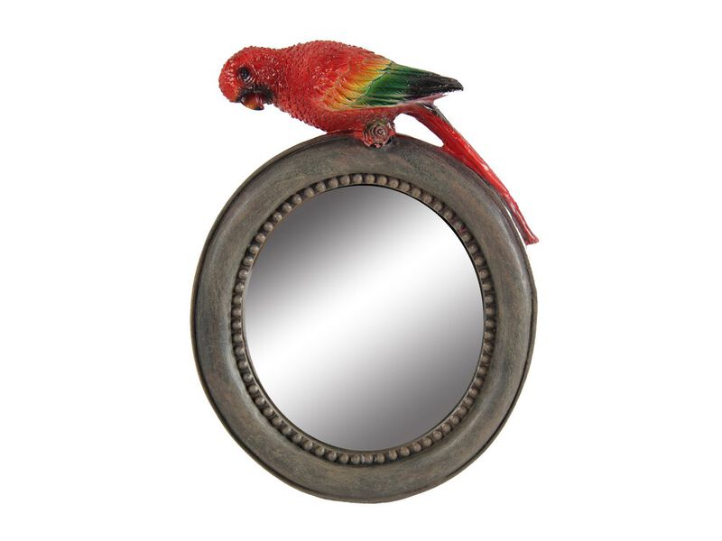 Round Wooden Framed Mirror with Parrot Sculpture Top, Multicolor-Benzara