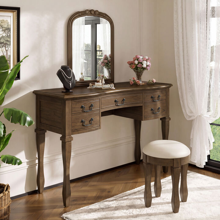 Merax 5-Drawer Vintage Vanity Table with Floral Carvings, Espresso Finish, Antique Metal Hardware