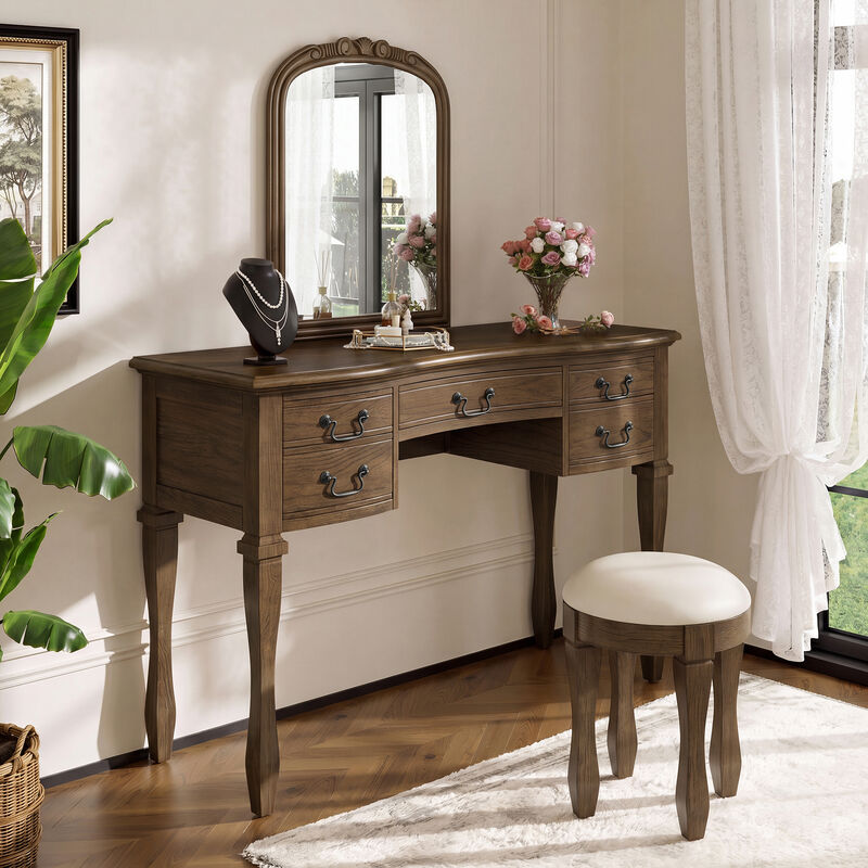 Merax 5-Drawer Vintage Vanity Table with Floral Carvings, Espresso Finish, Antique Metal Hardware image number 1