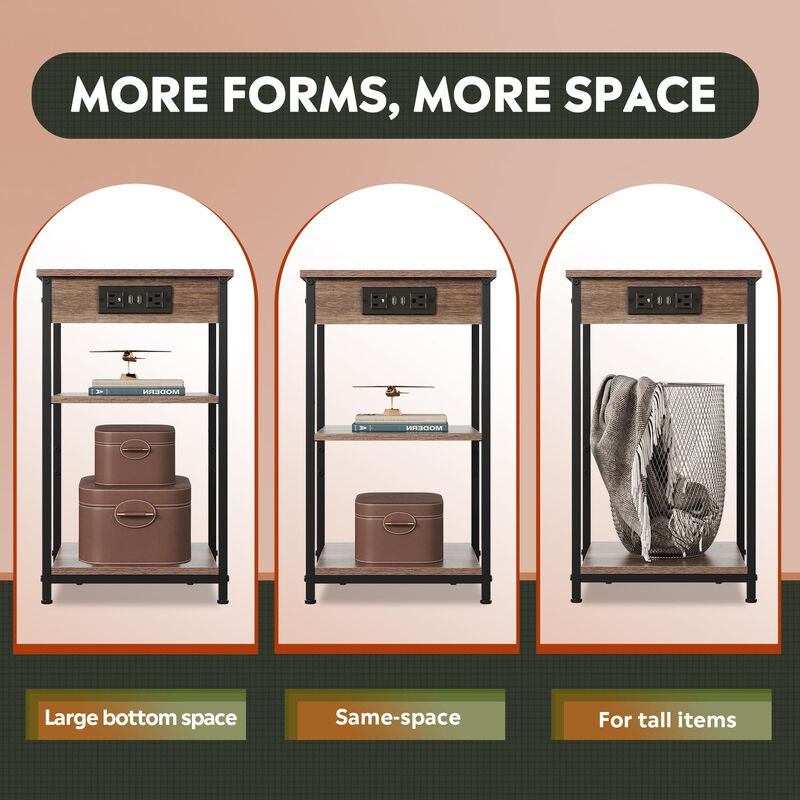 WLIVE Side Table with Charging Station and USB Ports, Small End Tables for Small Spaces, 3-Tier Nightstand with Adjustable Shelf