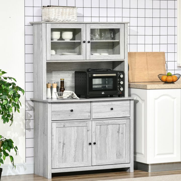 63.5" Kitchen Buffet with Hutch, Pantry Storage Cabinet with 4 Shelves, Drawers, Framed Glass Doors, Open Microwave Countertop, Ash Grey