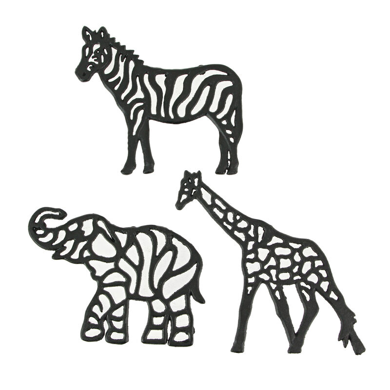 Set of 3 Black Cast Iron Safari Animal Kitchen Decor Trivets Wall Hanging Art image number 0
