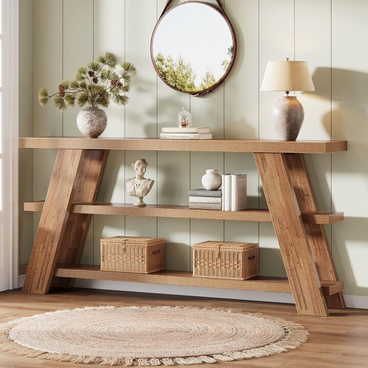 3-Tier Narrow Sofa Console Table, Farmhouse Foyer Entryway Table - Brown