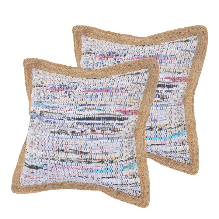 HomeRoots Set of Two 20" Aqua Ivory And Natural Striped Cotton And Jute Throw Pillows with Texture