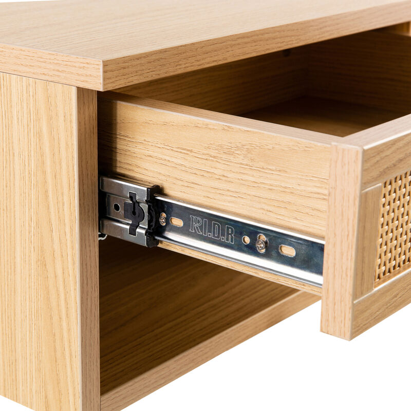 Celerie Mid-Century Modern Floating Wall Mounted Nightstand with Soft-Close Rattan Drawer and Cable Hole