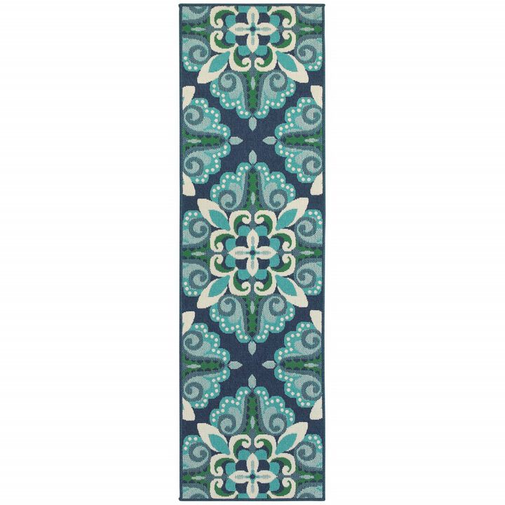 2X8 Blue And Green Floral Indoor Outdoor Runner Rug