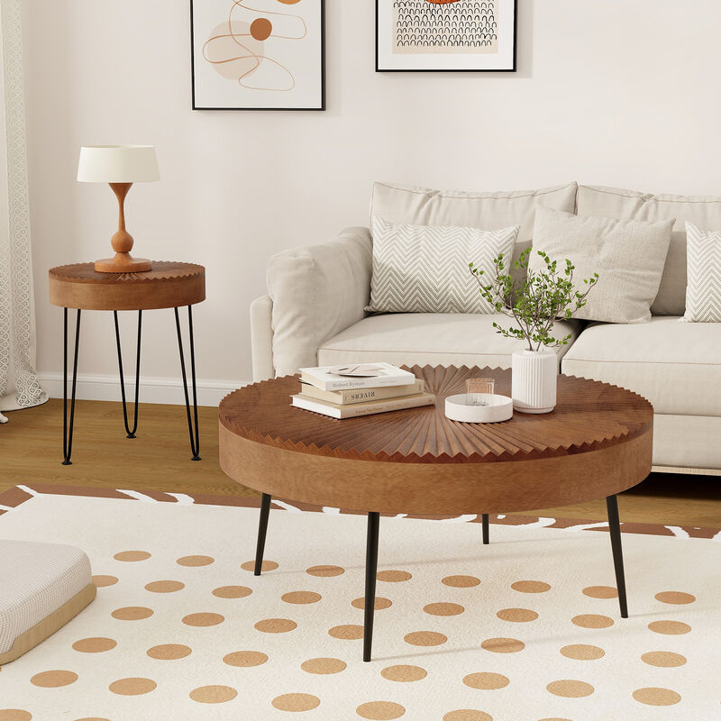 Set of 2 Wooden Coffee Table with Metal Legs and Adjustable Foot Pads