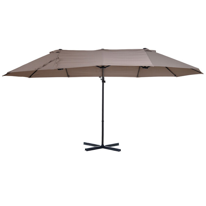 Outsunny 14ft Patio Umbrella Double-Sided Outdoor Market Extra Large Umbrella with Crank, Cross Base for Deck, Lawn, Backyard and Pool, Brown