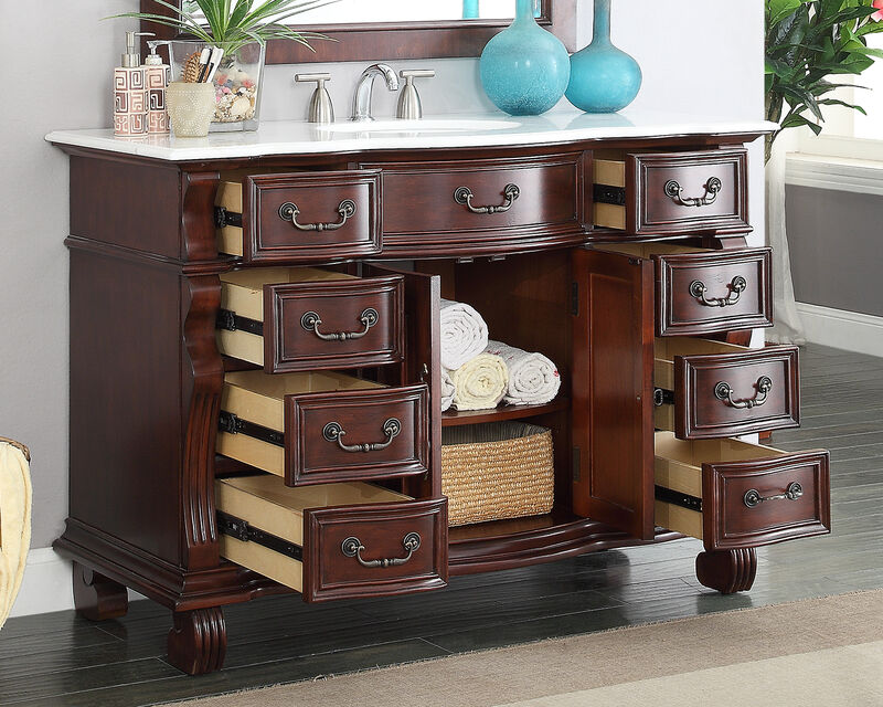 50 inch Antique Style Cherry Wood Hopkinton Bathroom Sink Vanity White Marble Top image number 2