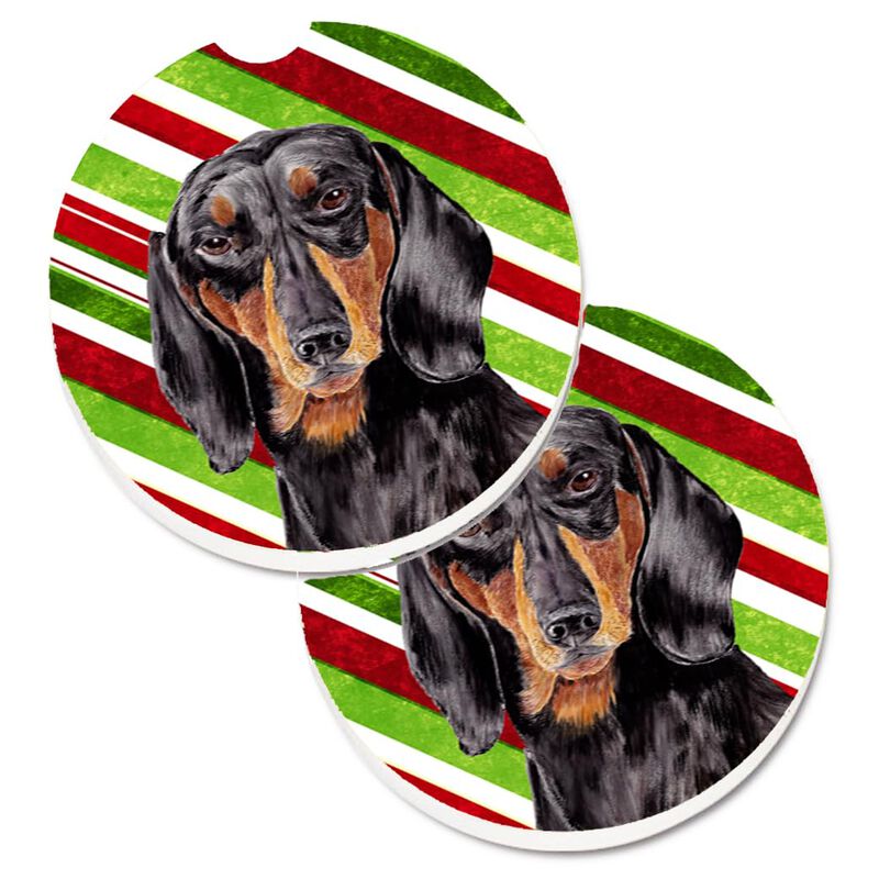 Caroline's Treasures Dachshund Candy Cane Holiday Christmas Set of 2 Cup Holder Car Coasters SC9323CARC, 2.56, Multicolor image number 0