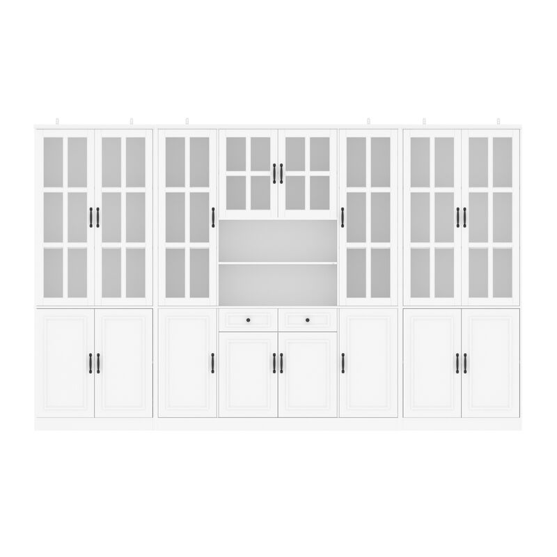 FUFU&GAGA White Bookcase Set – 2 x 4-Door Bookcases + 1 x 8-Door Bookcase with Glass Doors and Black Handles – Modern Storage and Organizing Solution, (78.7 in. H x 126 in. W x 15.7 in. D), White