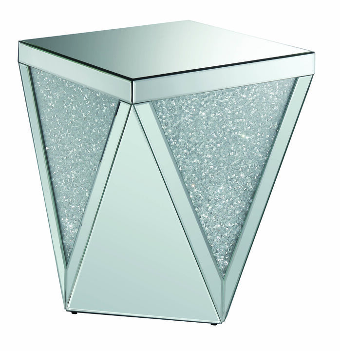Coaster Furniture Square Triangle Detailing Silver and Clear Mirror End Table 722507
