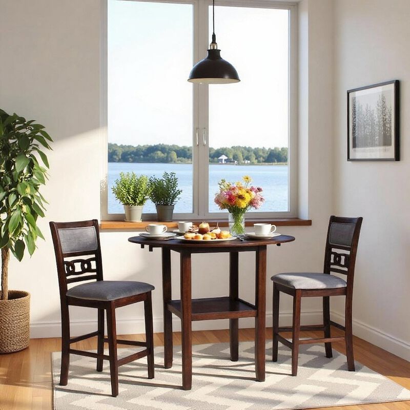 Brown Cherry 3 Piece Drop Leaf Table and 2 Chairs, Small Round Dining Table Set image number 1