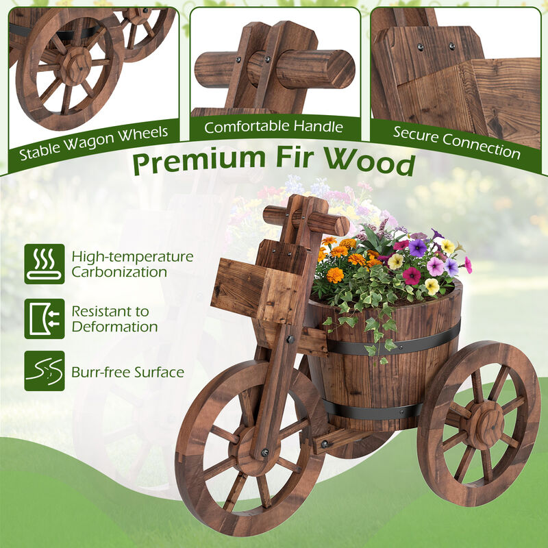 Wooden Tricycle Planter with Wheels and Built-In Storage Box-Coffee image number 7
