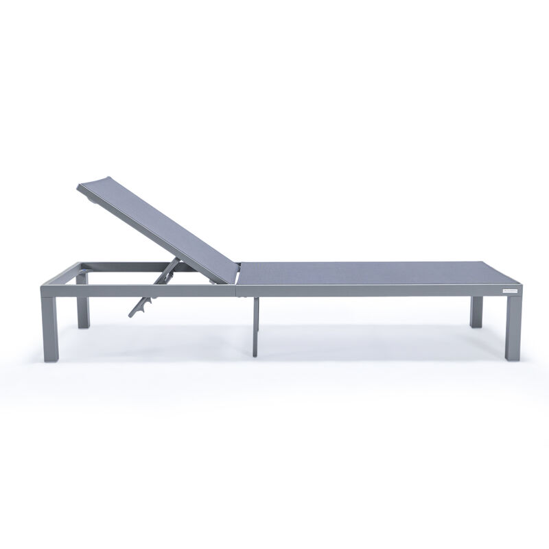 LeisureMod Marlin Modern Aluminum Outdoor Patio Chaise Lounge Chair in Grey Frame Set of 2 with Square Fire Pit Side Table