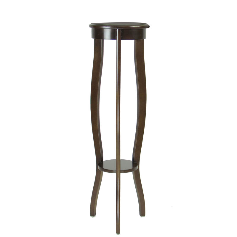 Round Pedestal Stand with Open Bottom Shelf and Flared Legs, Brown - Benzara