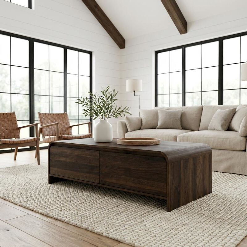 Walnut Rectangular Coffee Table with Metal Base and Cam Bolt Design image number 1