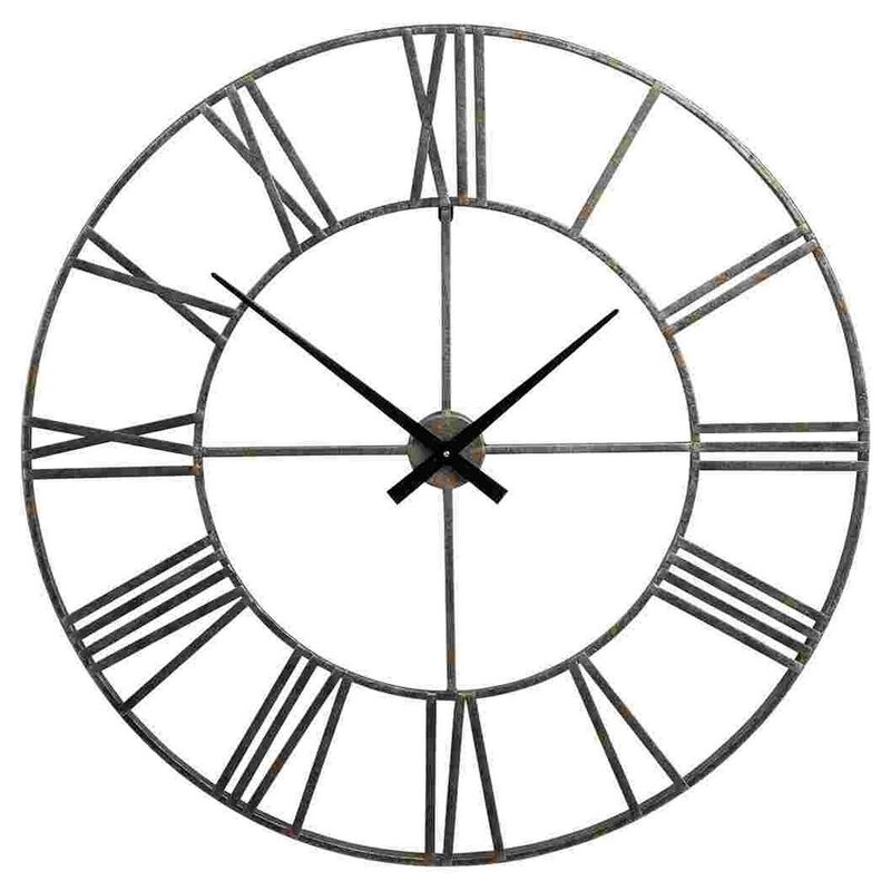 Wall Clock with Sleek Open Metal Frame and Roman Numbers, Antique Silver-Benzara