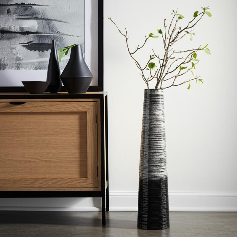 HomeRoots 47" Black And Gray Ombre Tapered Ceramic Floor Vase image number 1