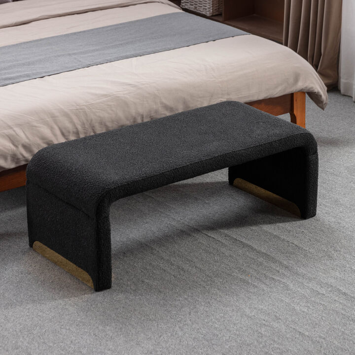 Boucle Fabric Loveseat Ottoman Footstool Bedroom Bench Shoe Bench With Gold Metal Legs, Black
