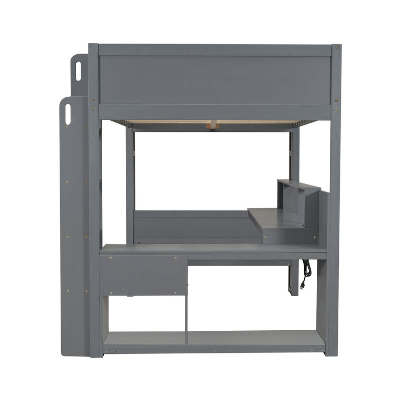 Whisen Wood Full Size Gaming Loft Bed with Desk, Multi-storage Shelves, LED and Charging Station - Dark Gray
