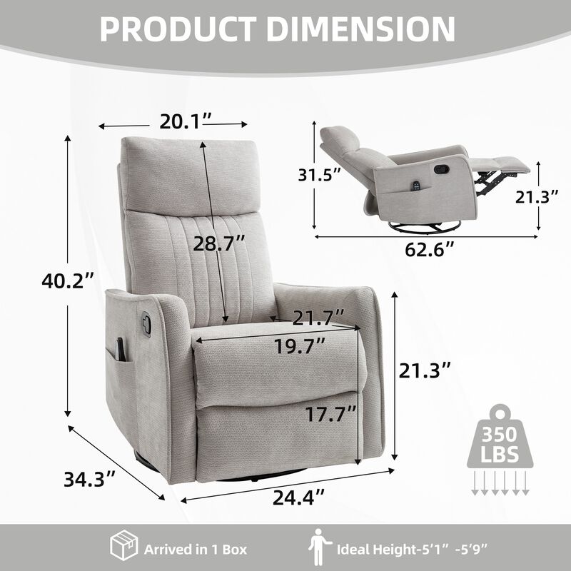 360&deg; Swivel Rocker Manual Recliner Chair with Heat and Massage, Upholstered Chenille Reclining Chair for Living Room image number 8