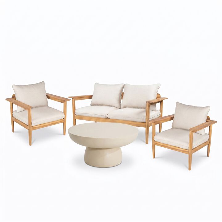 Christopher Knight Home Joseph 4 Piece Patio Acacia Wood Chat Set with Lightweight Concrete Table