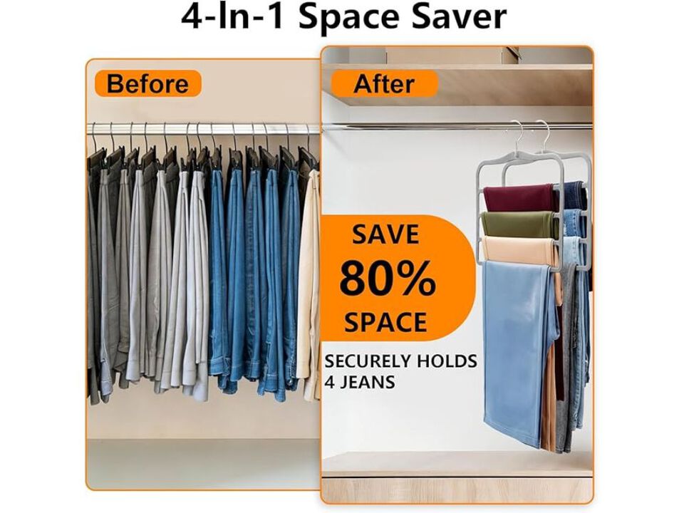 Velvet Pants Hangers 2-Pack, Space Saving Multi-Tier Closet Organizers For Jeans