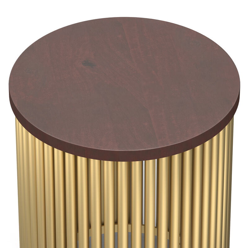 Demy 18 inch Wide Solid Mango/Metal Industrial Accent Table in Cognac/Gold, Assembled
