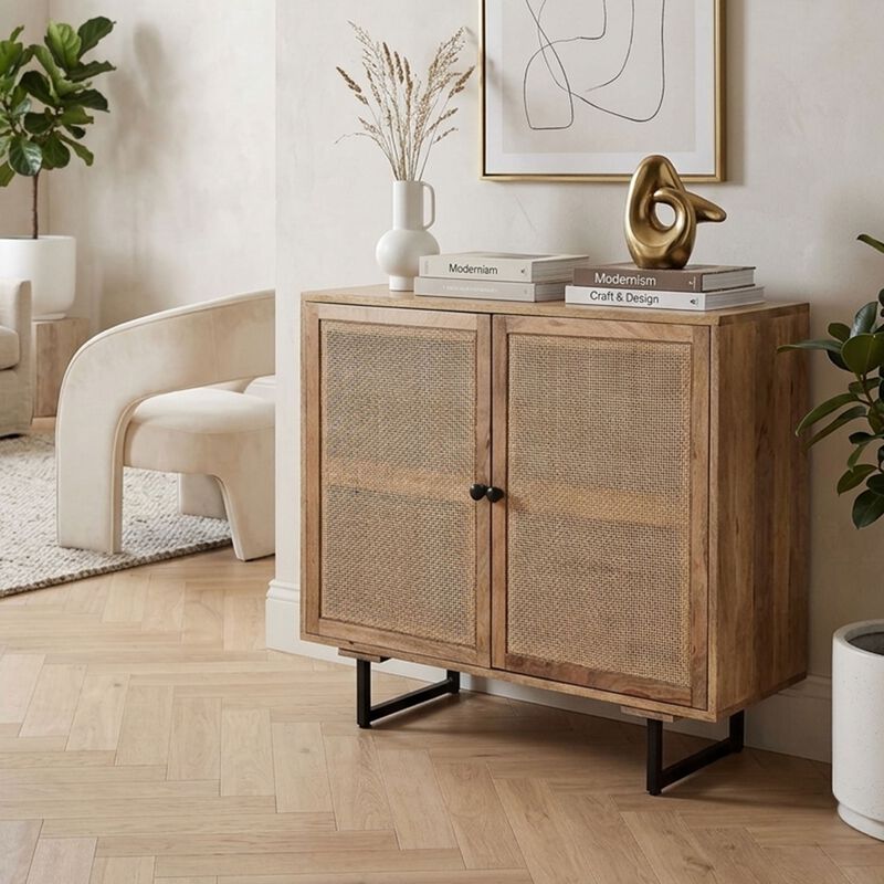 35 Inch Handcrafted Accent Cabinet with 2 Mesh Rattan Doors, Black Iron Legs, Natural Brown Mango Wood Frame image number 5